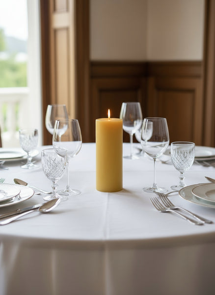 Stumpenkerze XL aus Bienenwachs auf einem gedeckten Tisch